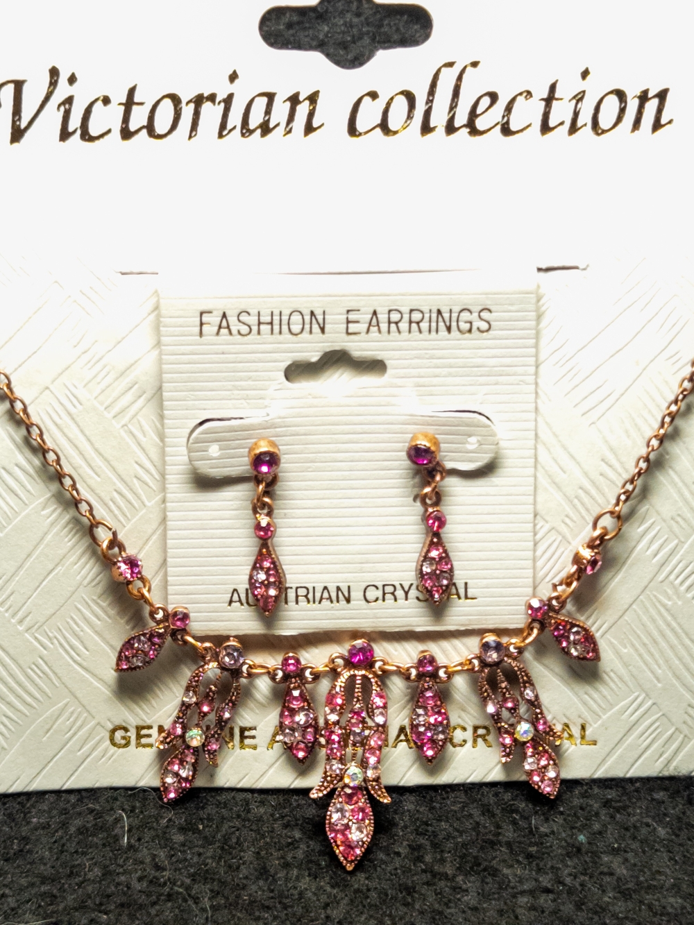 NWT Victorian Collection Pink Crystal Fringe Drop Necklace Earrings Set